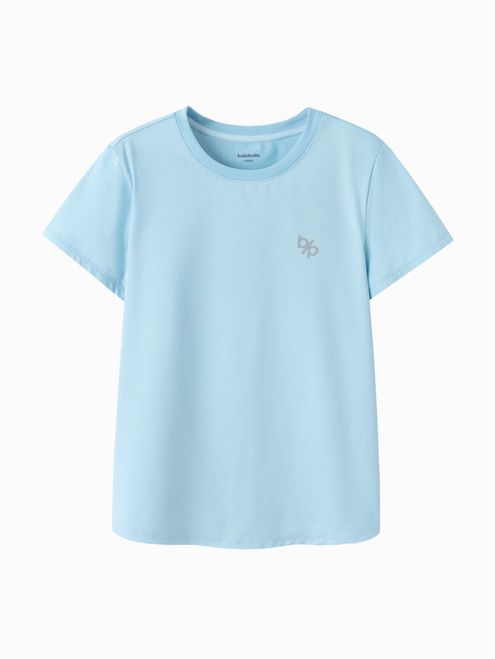 Ice blue Kids Girl Round V-Neck Short-Sleeved T-Shirt