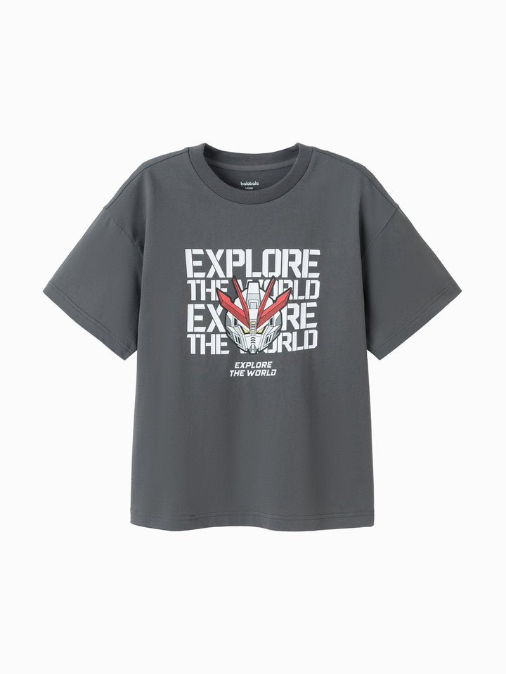 Dark Gray Kids Boy Round V-Neck Short-Sleeved T-Shirt