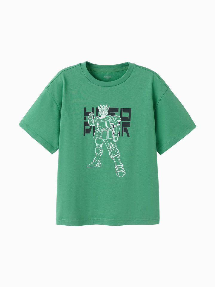 Medium Green Kids Boy Round V-Neck Short-Sleeved T-Shirt