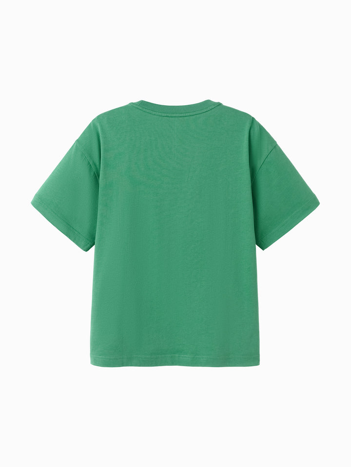 Medium Green Kids Boy Round V-Neck Short-Sleeved T-Shirt