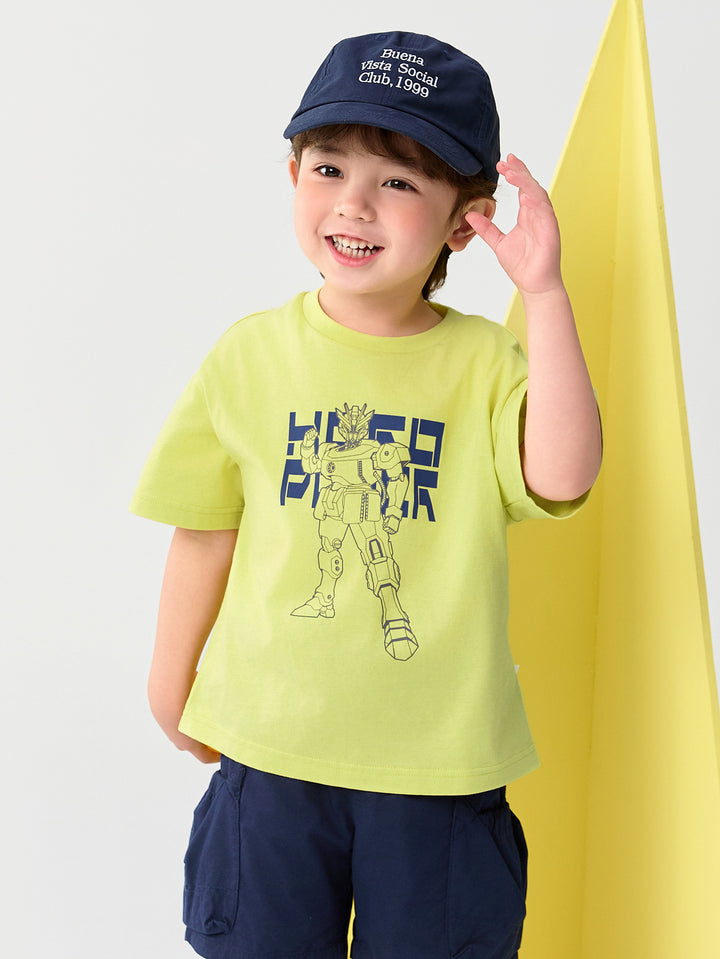 Yellow Green Kids Boy Round V-Neck Short-Sleeved T-Shirt