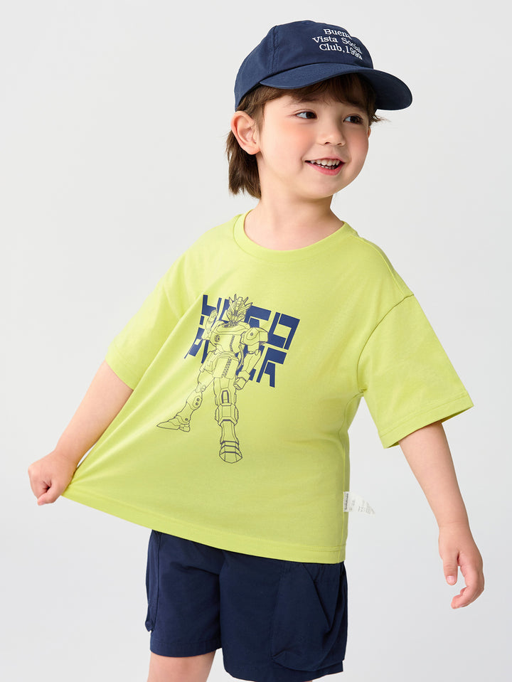 Yellow Green Kids Boy Round V-Neck Short-Sleeved T-Shirt