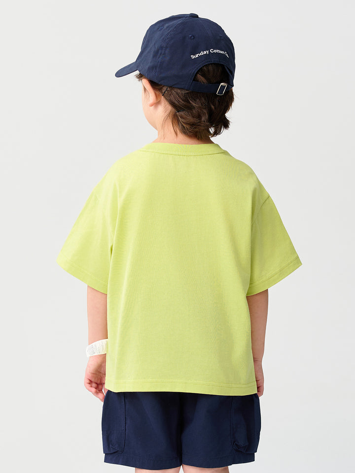 Yellow Green Kids Boy Round V-Neck Short-Sleeved T-Shirt