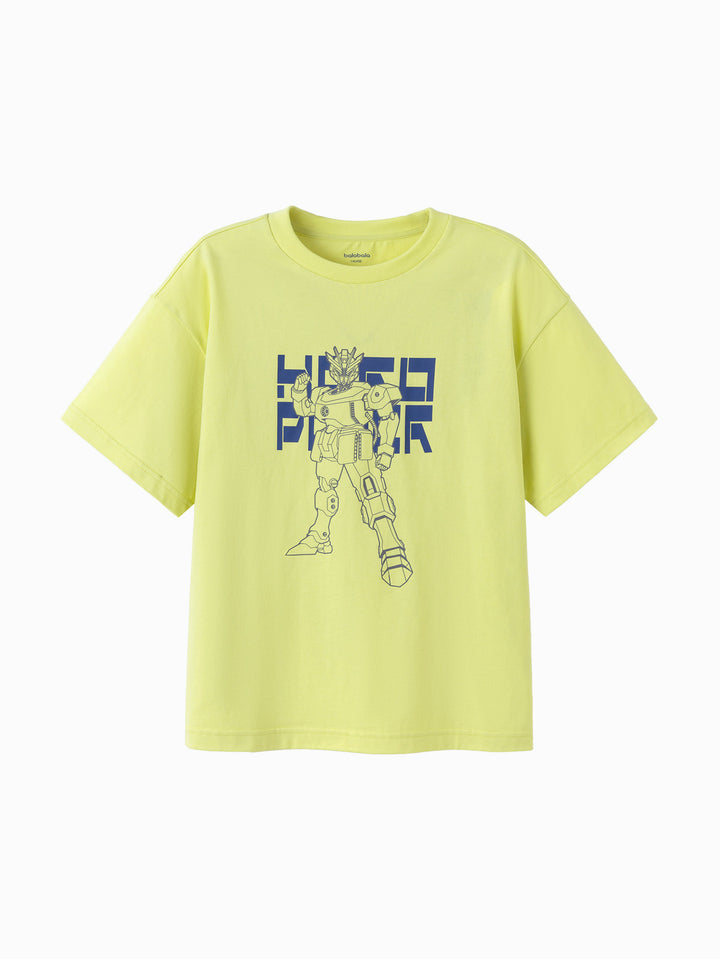 Yellow Green Kids Boy Round V-Neck Short-Sleeved T-Shirt