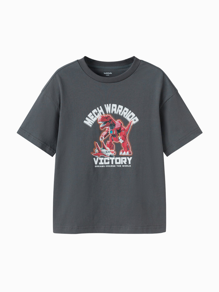 Dark Gray Kids Boy Round V-Neck Short-Sleeved T-Shirt