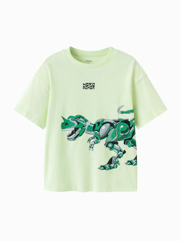 Yellow Green Kids Boy Round V-Neck Short-Sleeved T-Shirt