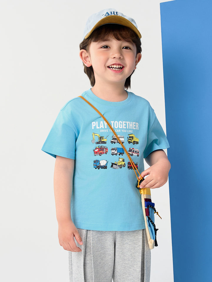 Ice blue Baby Boy Round V-Neck Short-Sleeved T-Shirt