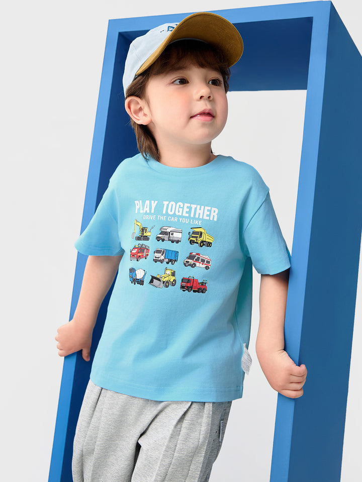 Ice blue Baby Boy Round V-Neck Short-Sleeved T-Shirt