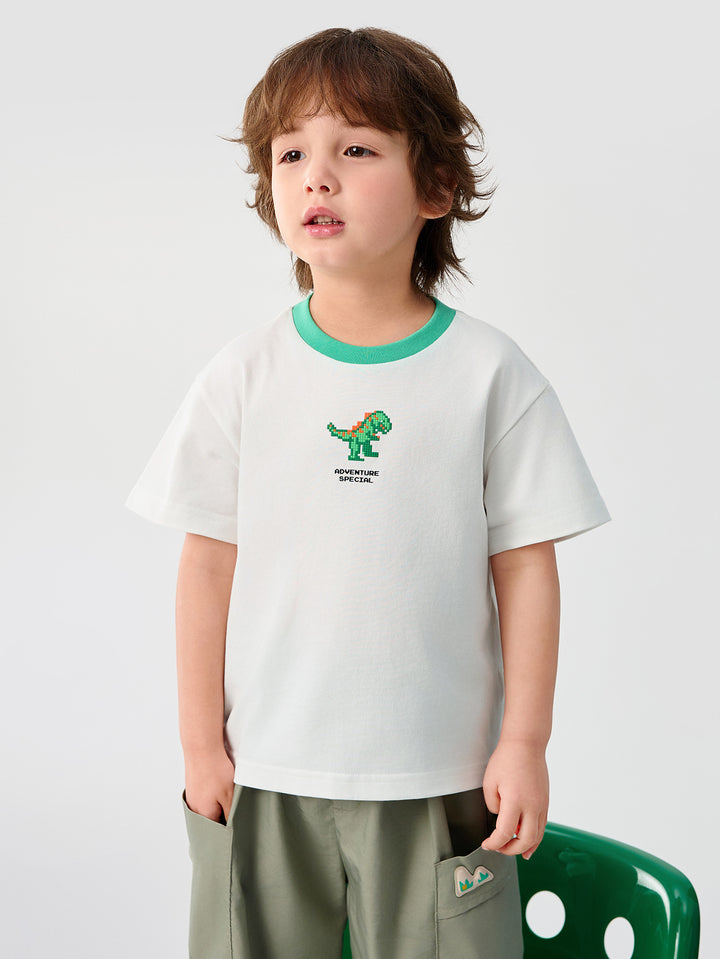 White Baby Boy Round V-Neck Short-Sleeved T-Shirt