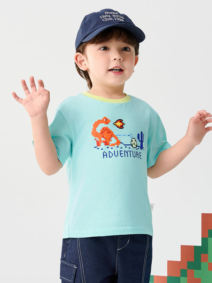 Powder Green Baby Boy Round V-Neck Short-Sleeved T-Shirt