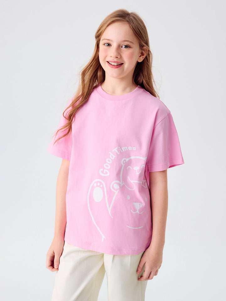 Pink Kids Unisex Round V-Neck Short-Sleeved T-Shirt