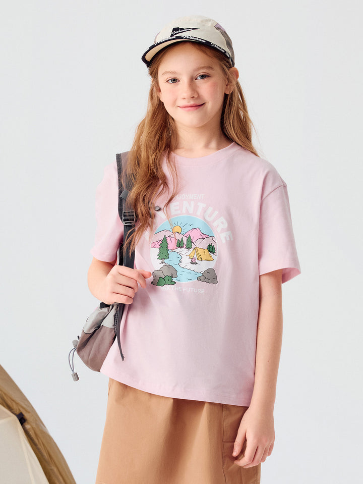 Pink Kids Unisex Round V-Neck Short-Sleeved T-Shirt