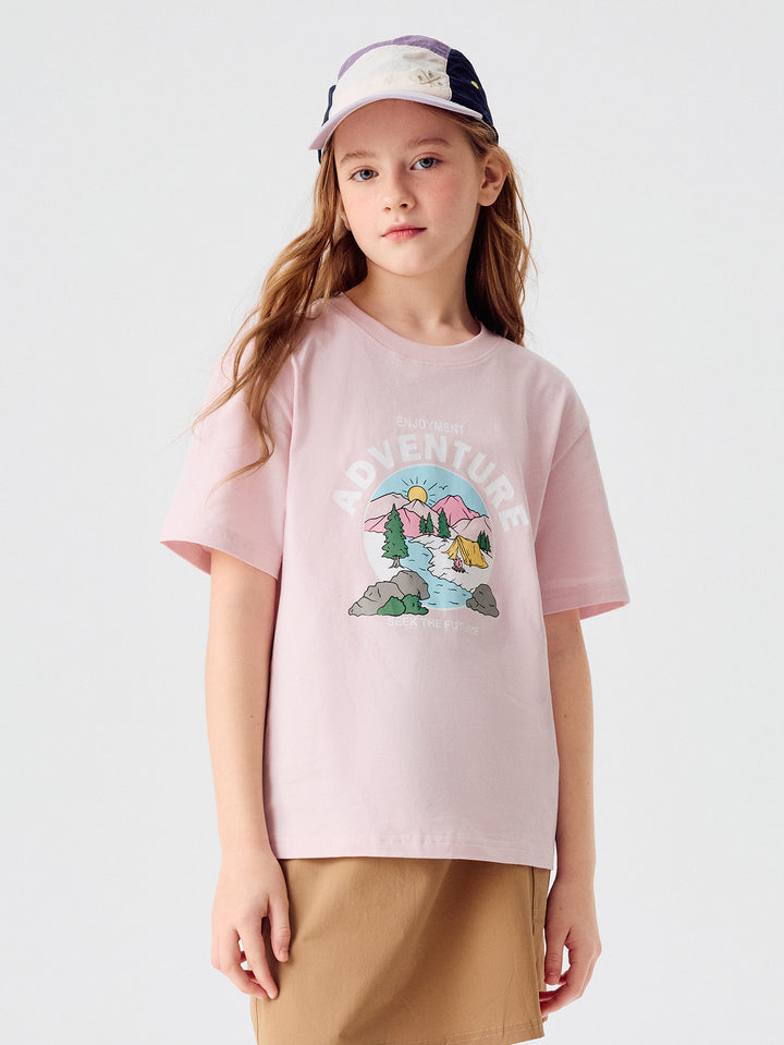 Pink Kids Unisex Round V-Neck Short-Sleeved T-Shirt