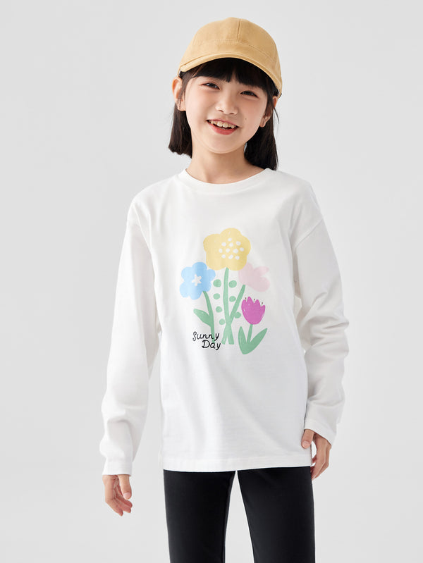 T-shirt à manches longues blanc brut avec motif floral pour fille