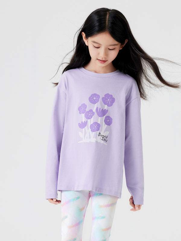 T-shirt à manches longues avec motif floral violet pour fille