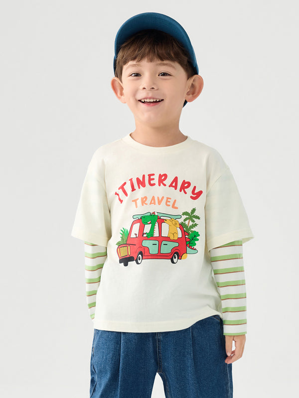 Boy Trend Scenarios Cartoon car Cream White Long Sleeve T-Shirt