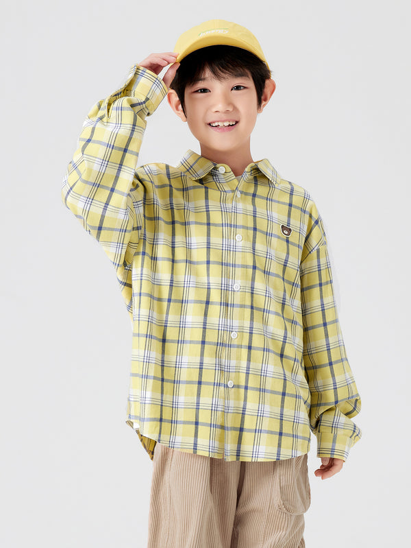 Boy Trend Scenarios Plaid Yellow Hue Long Sleeve Shirt