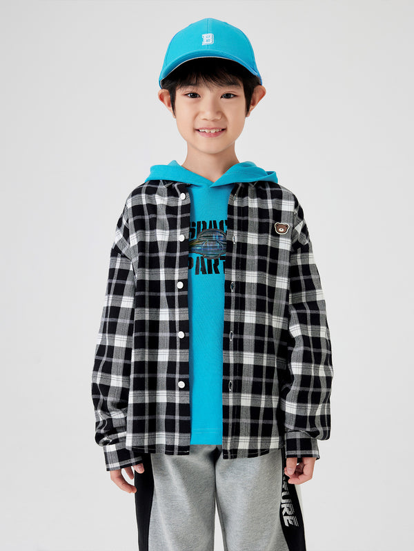 Boy Trend Scenarios Plaid Black Hue Long Sleeve Shirt