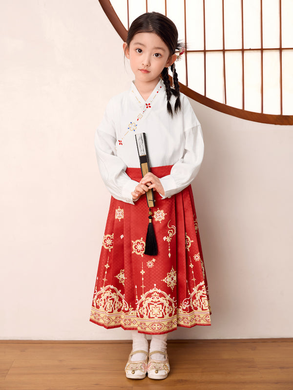 Girl Highlight moment Flower White Red Hue Long Sleeve Set