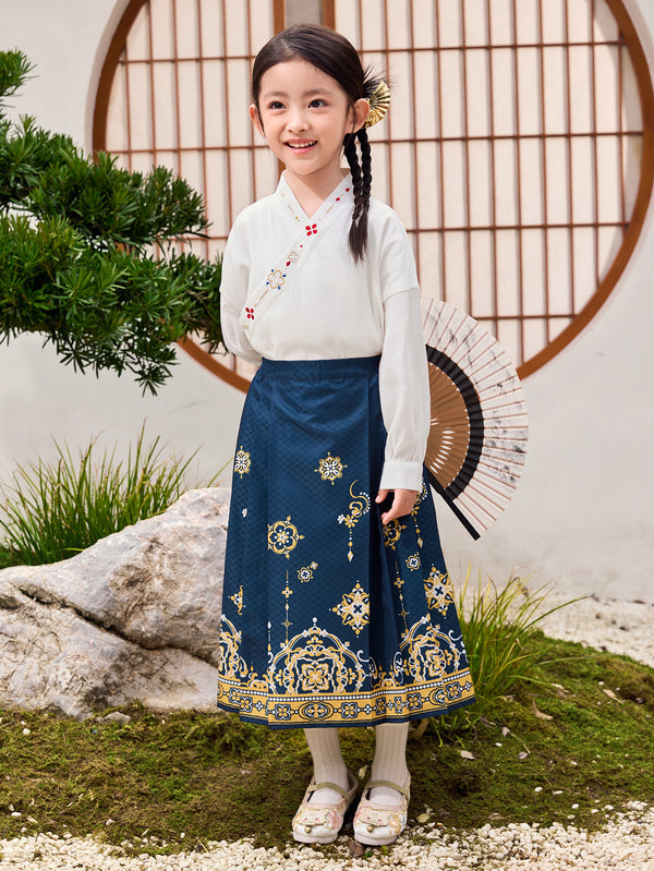 Ensemble à manches longues avec motif floral blanc et bleu pour fille