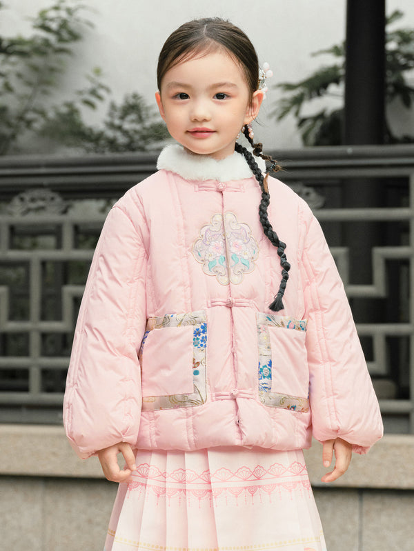 Girl Toddler Stitching Embroidery Mesh Button Cotton Coat