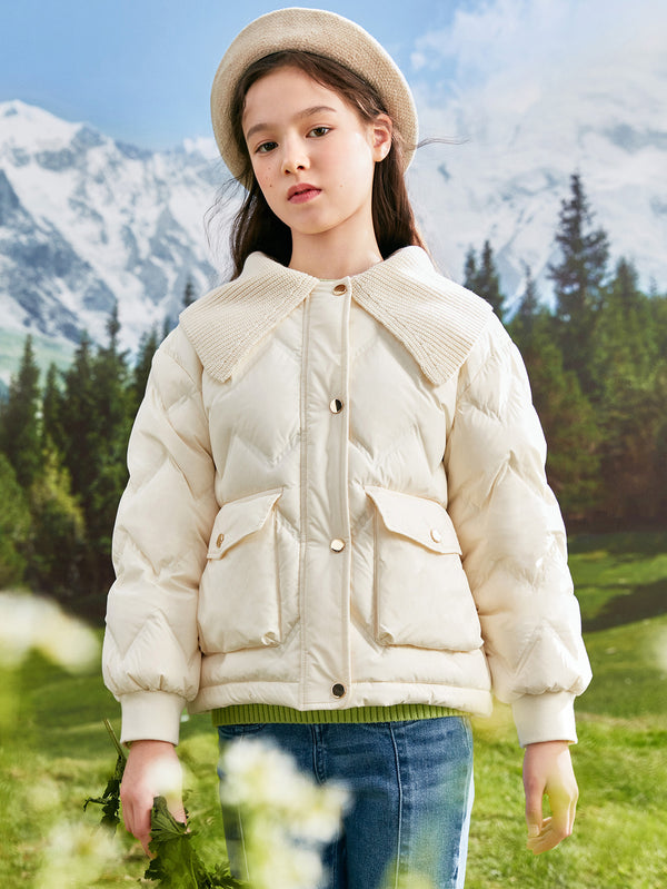 Girl Toddler And Kid Lapel Puff Sleeve Work Pocket Down Jacket