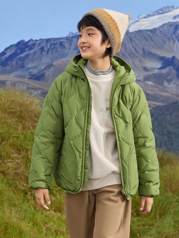 Unisex Kid Hooded Scalloped Patch Pocket Down Jacket