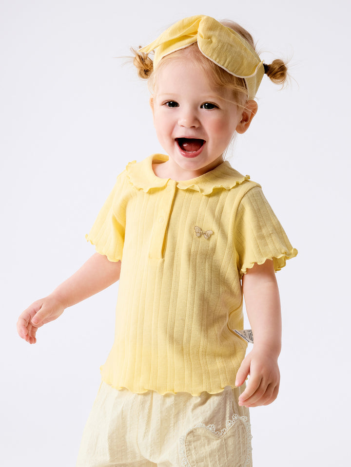 Beige Baby Girl Lapel Short-Sleeved T-Shirt