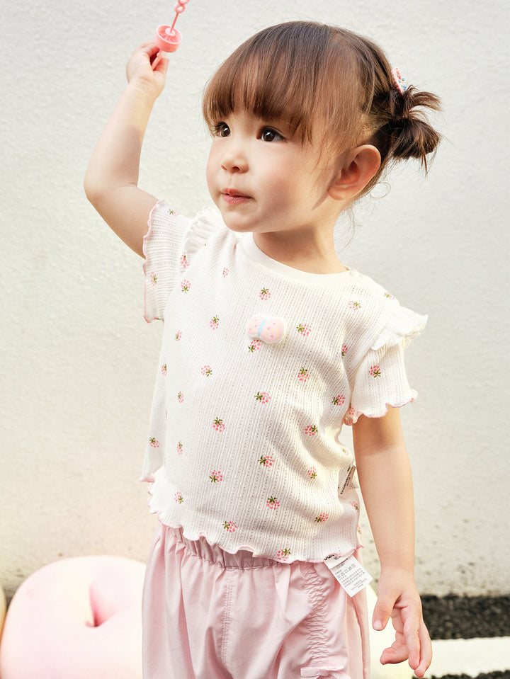 White Baby Girl Round V-Neck Short-Sleeved T-Shirt