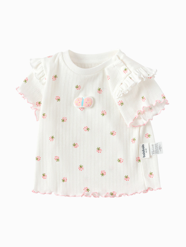 White Baby Girl Round V-Neck Short-Sleeved T-Shirt