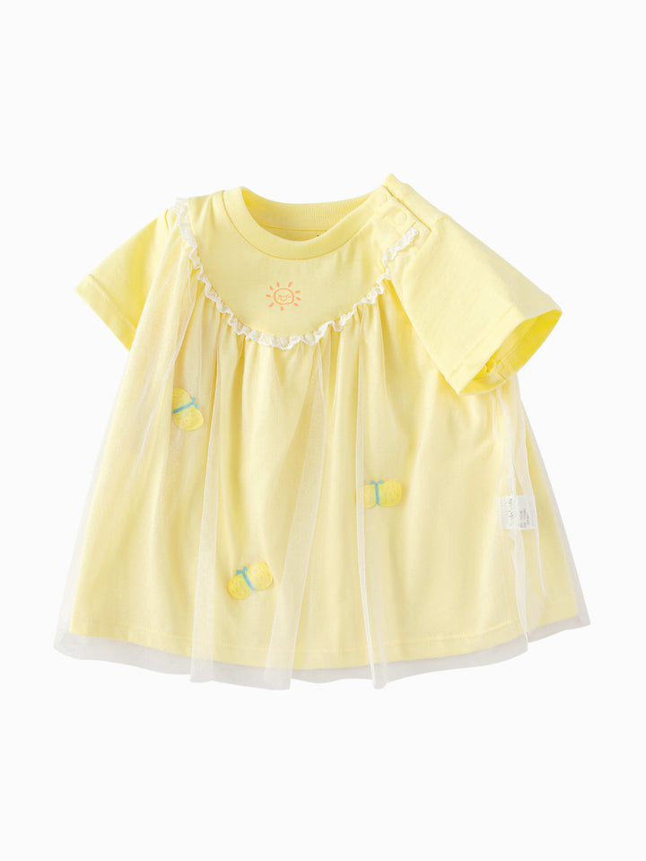 Light Yellow Baby Girl Round V-Neck Short-Sleeved T-Shirt