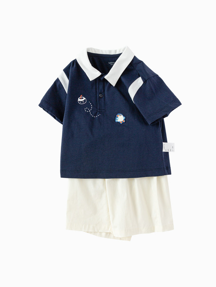 Dark Blue Baby Boy Knit Short Sleeve Suit