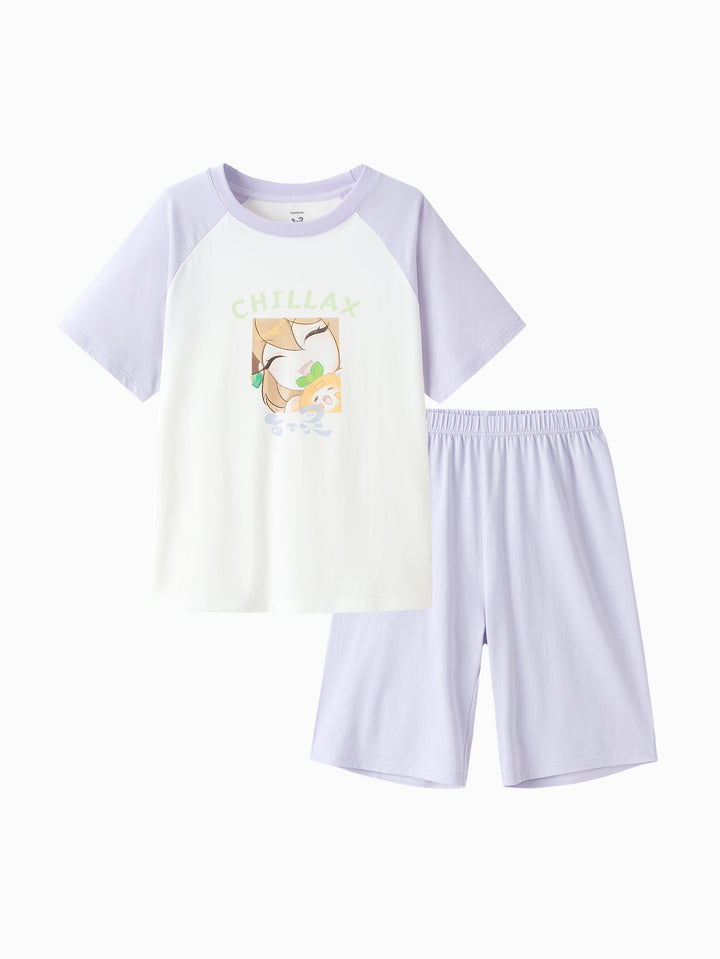 White Purple Kids Unisex Home-Wear Suit