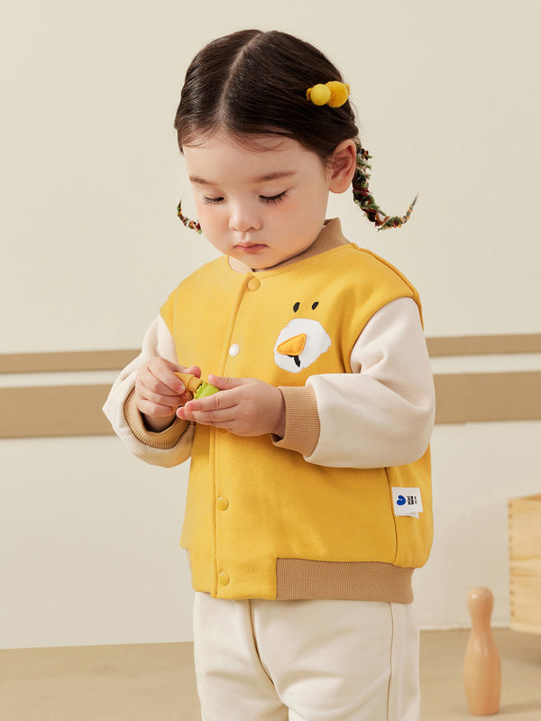 minibala baby Unisex Color-Block Baseball Jacket with Animal Print - 2025 Autumn New Arrival, Warm Outerwear