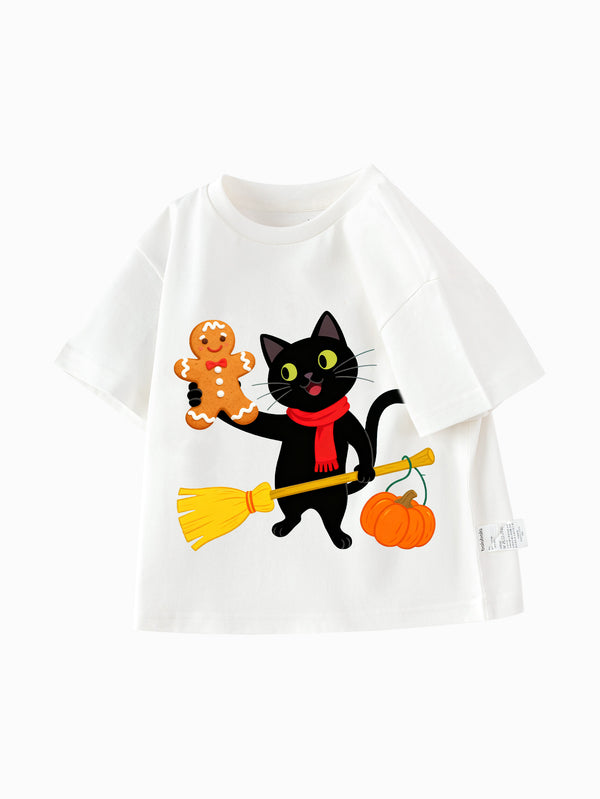 balabala Unisex Kids Welcoming Christmas Cat Holding A Gingerbread Man T-shirt