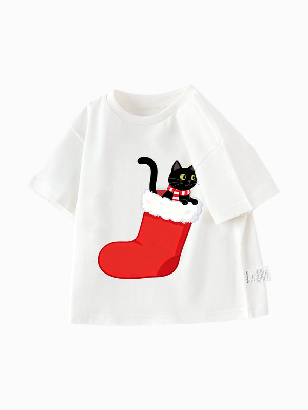 balabala Unisex Kids Christmas Cat in Sock T-shirt