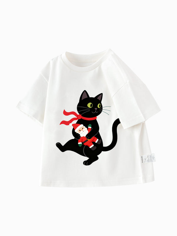 balabala Unisex Kids Christmas Cat Holding Santa T-shirt
