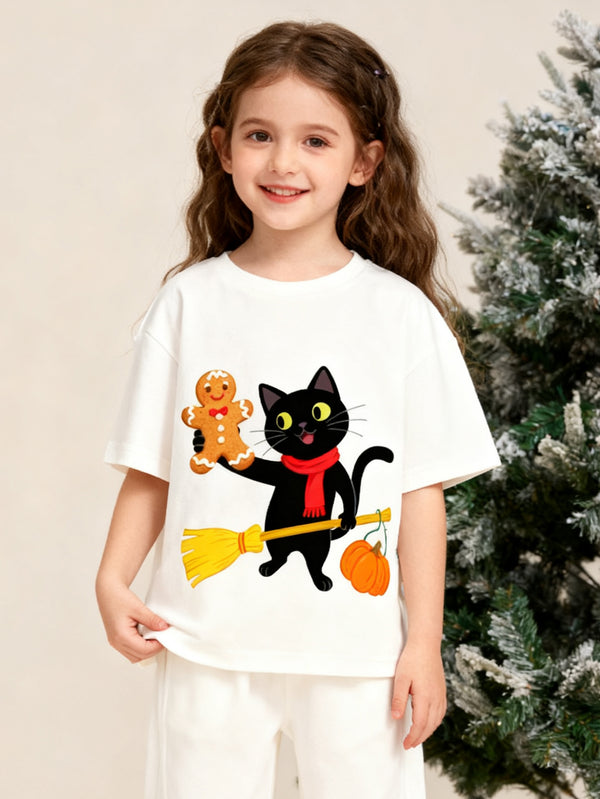 balabala Unisex Kids Welcoming Christmas Cat Holding A Gingerbread Man T-shirt