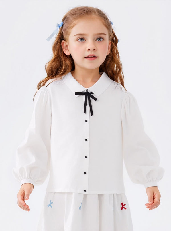 Girls' College Style Long Sleeve Shirt (Free Black Leather Bow Hair Accessory)