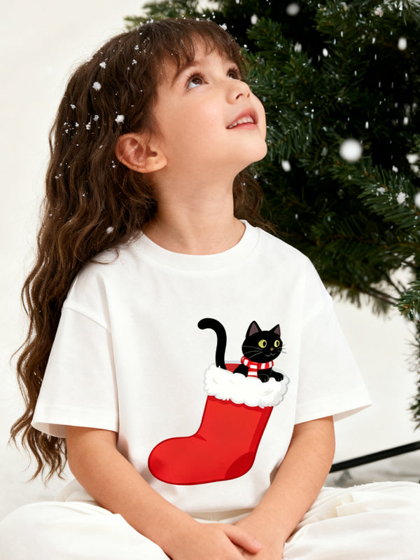 balabala Unisex Kids Christmas Cat in Sock T-shirt