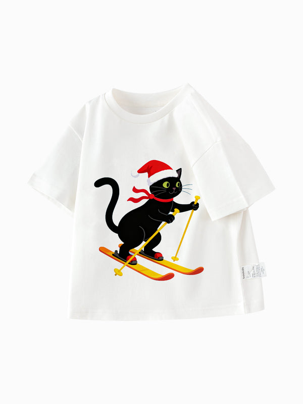 balabala Unisex Kids Christmas Skiing Cat T-shirt