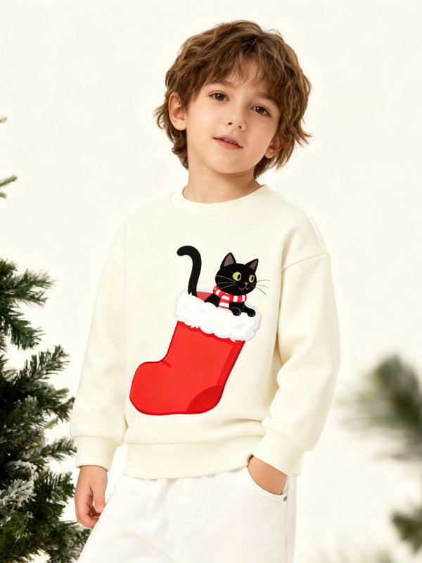 balabala Unisex Kids Christmas Cat in Sock Sweatshirt
