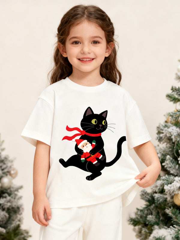 balabala Unisex Kids Christmas Cat Holding Santa T-shirt