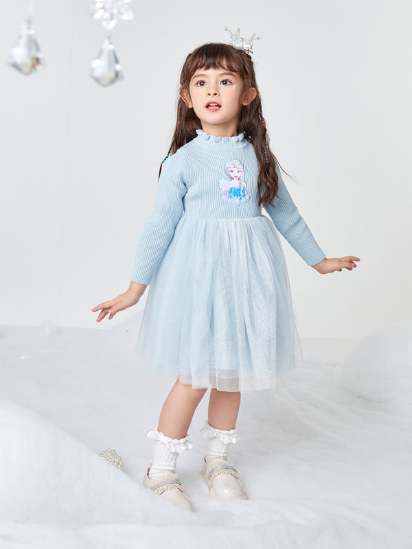 Balabala Toddler Girl Disney IP Frozen Elsa Patch Crew Neck Long Sleeve Dress