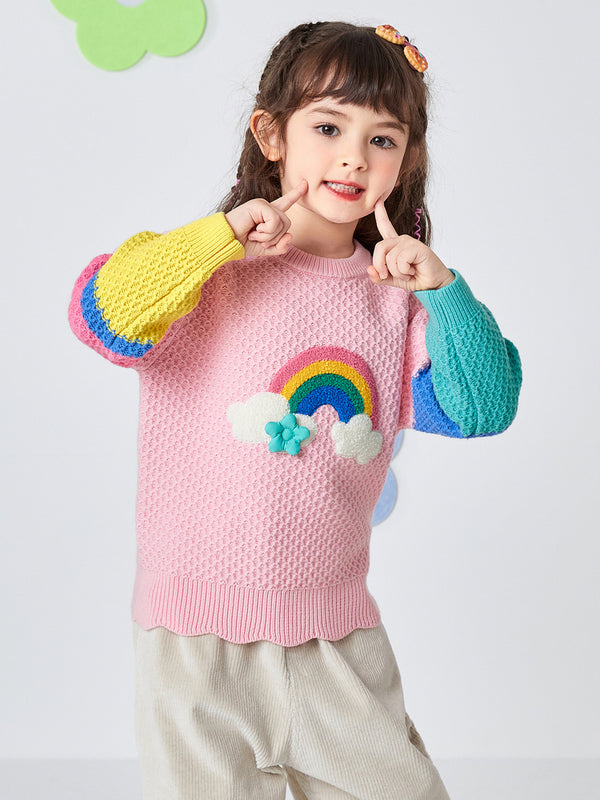 Balabala Toddler Girl Contrast Color Crew Neck Long Sleeve Sweater