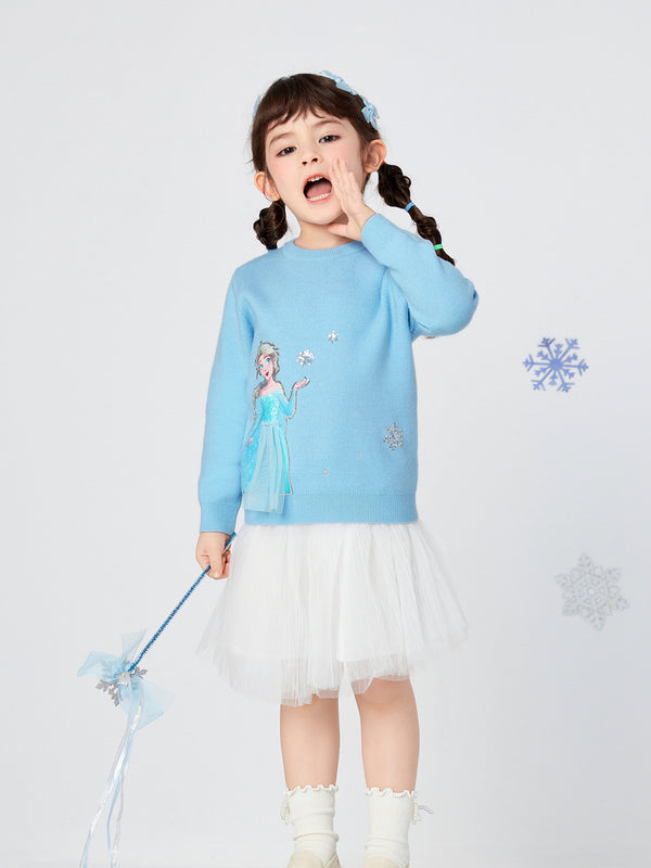 Balabala Toddler Girl Disney IP Frozen Elsa Pattern Crew Neck Long Sleeve Sweater