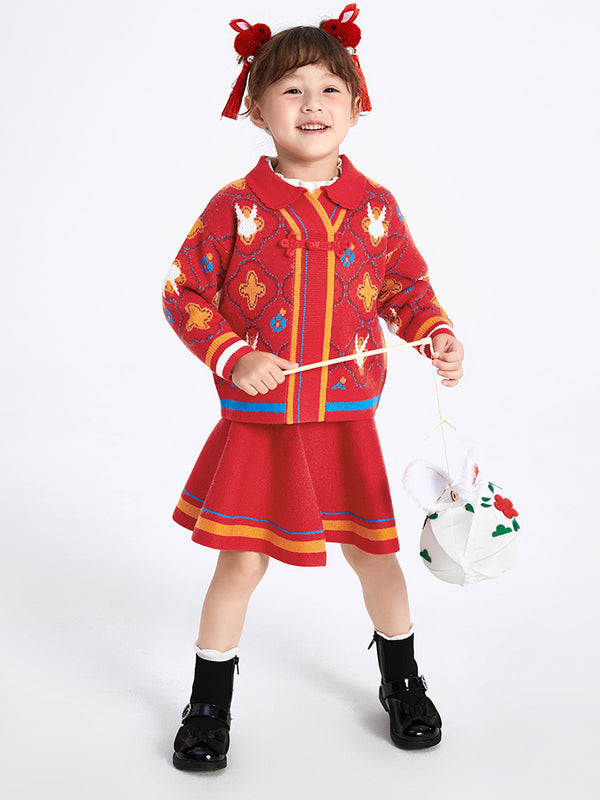 balabala Toddler Girl Chinese Zodiac Rabbit Woolen Long Sleeve Set 2-8 Years