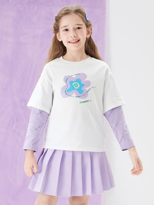 Kids Girl Flower Printing Fake Two-Piece Long Sleeve T-Shirt208322100005