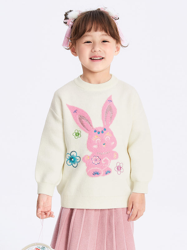 balabala Kids Girl Bunny Graphic Lapel Sweater 7-14 Years