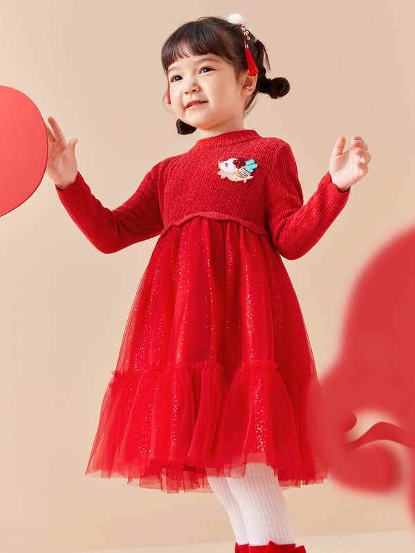 Balabala Toddler Girl New Year Season Woolen One-Piece Dress